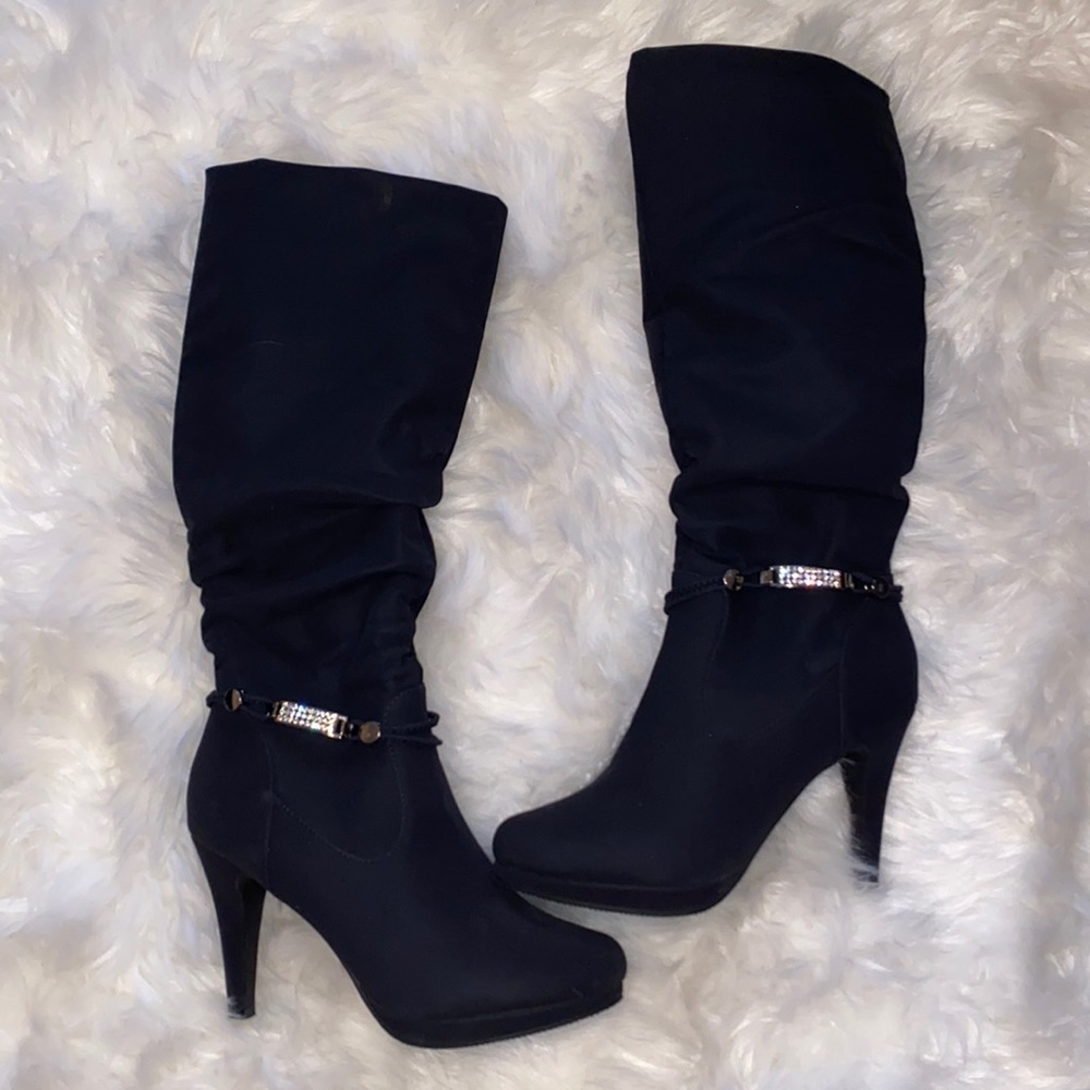 Navy Knee High Boots 4” Heel Size 9 NEW!